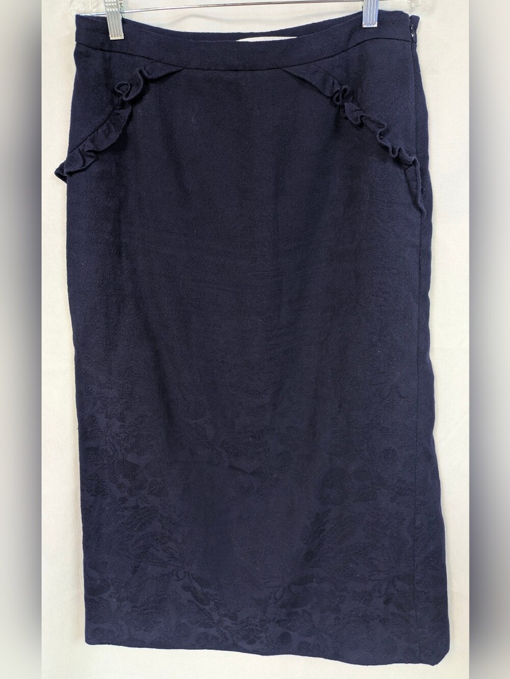 Classic Navy Pencil Skirt with Subtle Ruffle Trim